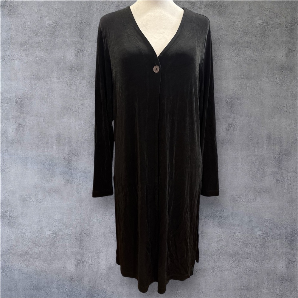 Chico's Black Travelers jacquard fabric one button long duster with side slits